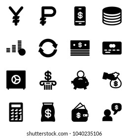 Solid vector icon set - yen vector, ruble, mobile payment, coin, exchange, dollar, credit card, safe, bank, piggy, encashment, calculator, money bag, finance management, dialog