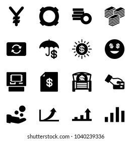 Solid vector icon set - yen vector, currency, coin, big cash, card exchange, insurance, dollar sun, smile, atm, account statement, money chest, pay, growth arrow, chart