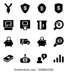 Solid vector icon set - yen vector, safe, atm, money search, piggy bank, encashment car, dollar, growth, dialog, chart
