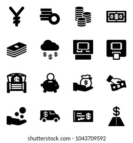 Solid vector icon set - yen vector, coin, dollar, money rain, atm, chest, piggy bank, investment, cash pay, encashment car, check