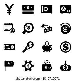 Solid vector icon set - yen vector, dollar, safe, calendar, money search, cash pay, back, check, torch, piggy bank, ipo, managemet, finance management, growth