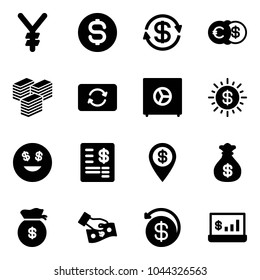 Solid vector icon set - yen vector, dollar coin, exchange, euro, big cash, card, safe, sun, smile, account statement, pin, money bag, pay, back, statistics