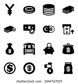 Solid vector icon set - yen vector, coin, dollar, cash, euro, atm, money bag, chest, piggy bank, purse, rich