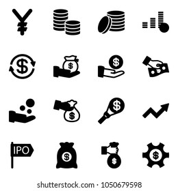 Solid vector icon set - yen vector, coin, dollar exchange, investment, cash pay, encashment, money torch, growth arrow, ipo, bag, rich, managemet