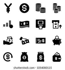 Solid vector icon set - yen vector, dollar coin, cash, atm, investment, pay, check, piggy bank, reload, money bag, finance management