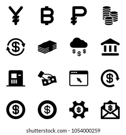 Solid vector icon set - yen vector, bitcoin, ruble, coin, dollar exchange, money rain, bank, atm, cash pay, cursor browser, reload, managemet, mail