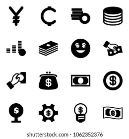 Solid vector icon set - yen vector, cent, coin, dollar, smile, cash pay, purse, money, tree, managemet, business idea