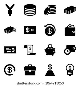 Solid vector icon set - yen vector, coin, dollar, cash, credit card, money back, wallet, check, account history, piggy bank, time, reload, portfolio, business idea