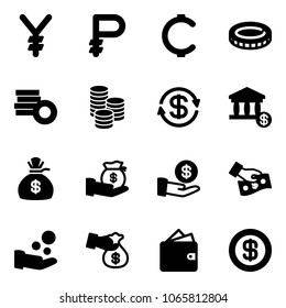 Solid vector icon set - yen vector, ruble, cent, coin, dollar exchange, account, money bag, investment, cash pay, encashment, wallet