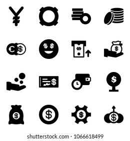 Solid vector icon set - yen vector, currency, coin, euro dollar, smile, atm, investment, cash pay, check, wallet time, money tree, bag, managemet, growth