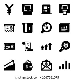 Solid vector icon set - yen vector, atm, receipt, money search, statistics report, check, account history, arrows up, growth, finance management, mail dollar, chart