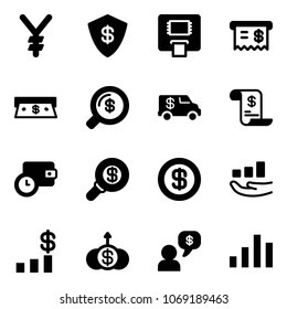 Solid vector icon set - yen vector, safe, atm, receipt, cash, money search, encashment car, account history, wallet time, dollar, growth, chart, dialog