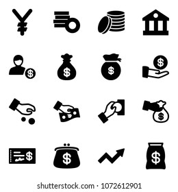 Solid vector icon set - yen vector, coin, bank, account, money bag, investment, cash pay, encashment, check, purse, growth arrow