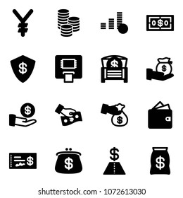 Solid vector icon set - yen vector, coin, dollar, safe, atm, money chest, investment, cash pay, encashment, wallet, check, purse, bag