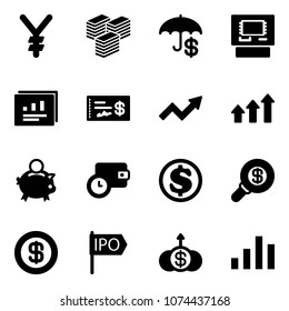 Solid vector icon set - yen vector, big cash, insurance, atm, statistics report, check, growth arrow, arrows up, piggy bank, wallet time, dollar, search money, ipo, chart