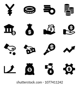 Solid vector icon set - yen vector, coin, account, money bag, investment, cash pay, torch, growth arrow, rich, managemet