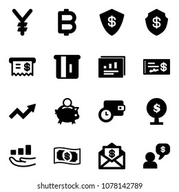 Solid vector icon set - yen vector, bitcoin, safe, receipt, atm, statistics report, check, growth arrow, piggy bank, wallet time, money tree, mail dollar, dialog