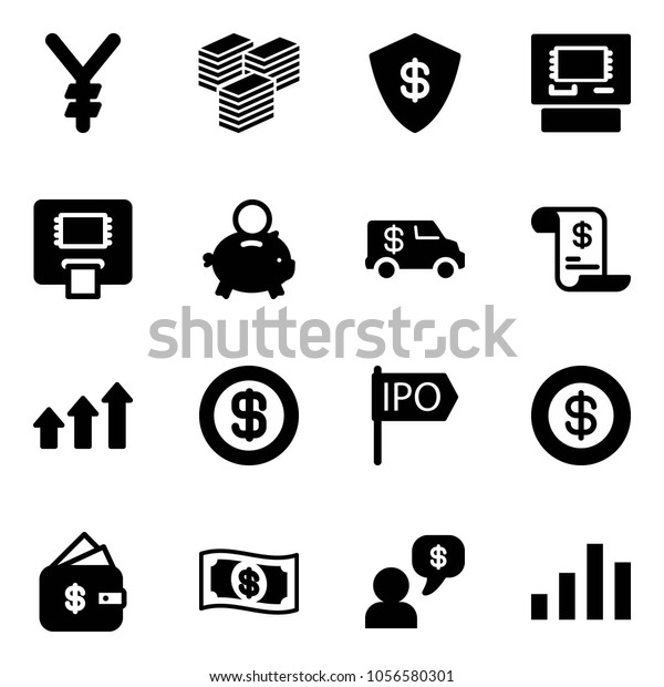 Solid vector icon set -\
yen vector, big cash, safe, atm, piggy bank, encashment car,\
account history, arrows up, dollar, ipo, finance management, money,\
dialog, chart