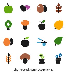 solid vector iconn set - cook press vector, egg, mushroom, potato, apple fruit, leaf, diet, cereals, tree, flower in pot
