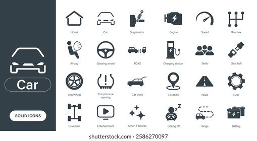 Solid vector icons about car, technology, car features, safety.