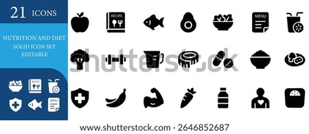 Solid vector icons for healthy food, diet, fitness, and nutrition. Perfect for apps, web, print, and wellness design projects.