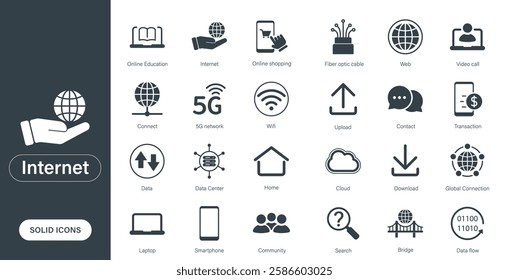 Solid vector icons on internet, network, telecommunications, technology, connect, data.
