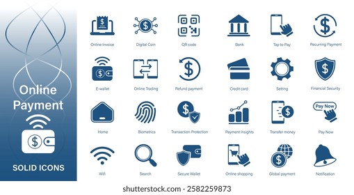Solid vector icons on the theme of fintech, e-wallet, mobile payment. Online payment icon.