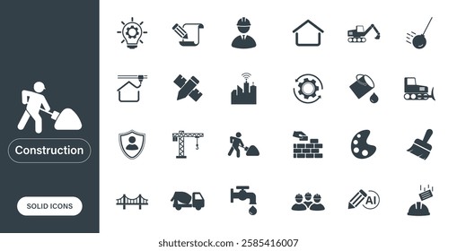 Solid vector icons on the theme of construction, machinery, construction, workers.