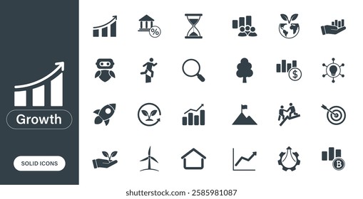 Solid vector icons on the theme of growth, charts, finance business, development.