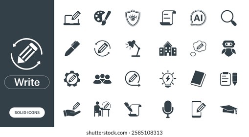 Solid vector icons on write, pen, education learning, stationery, ideas.