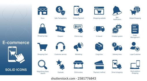 Solid vector icons of online shopping, shopping cart, online store. Ecommerce icon.