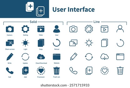 Solid vector icons and outline on user interface theme.