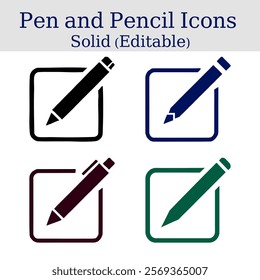 solid vector icons of pens and pencils in editable style. colorful pen and pencil icons within square frames. minimalist writing tool illustrations for graphic design.
