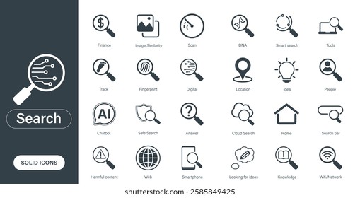 Solid vector icons themed search, magnifying glass, technology, tools.