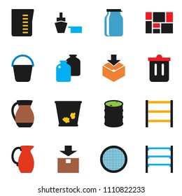 solid vector icxon set - bucket vector, trash bin, measuring cup, jug, sieve, jar, port, consolidated cargo, package, oil barrel, shelving