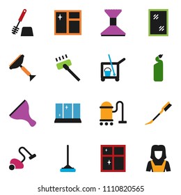 solid vector icxon set - scraper vector, cleaner trolley, vacuum, mop, car fetlock, window cleaning, toilet brush, agent, shining, woman