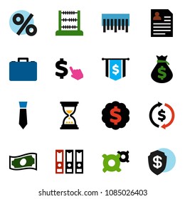 solid vector ixon set - abacus vector, exchange, cash, money bag, case, binder, sand clock, dollar medal, flag, personal information, tie, cursor, any currency, barcode, percent, shield