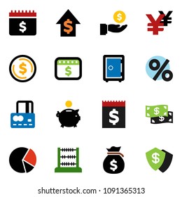 solid vector ixon set - abacus vector, dollar coin, pie graph, credit card, money bag, piggy bank, investment, growth, safe, calendar, yen sign, receipt, cash, percent, shield