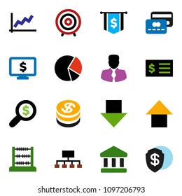 solid vector ixon set - abacus vector, bank, graph, pie, manager, receipt, money search, target, arrow down, up, dollar flag, hierarchy, monitor, credit card, coin, shield