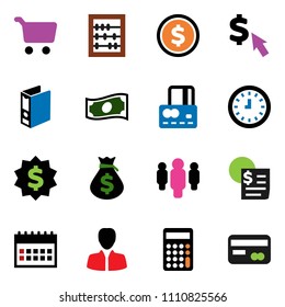 solid vector ixon set - abacus vector, dollar coin, cart, credit card, cash, money bag, manager, calculator, clock, man, binder, medal, calendar, cursor, receipt