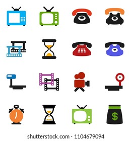 solid vector ixon set - alarm clock vector, sand, phone, big scales, film frame, tv, video camera, classic, money bag