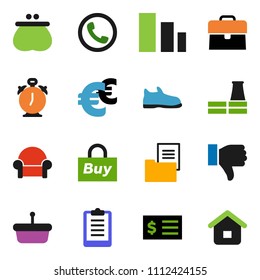 solid vector ixon set - alarm clock vector, case, receipt, euro sign, clipboard, snickers, sorting, finger down, estate document, cushioned furniture, phone, factory, wallet, buy, basket, home