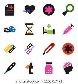 solid vector ixon set - ambulance star vector, heart pulse, thermometer, magnifier, syringe, crutches, sand clock, pills, bottle, blister, anamnesis, hospital bed, potion, head bandage
