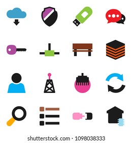 solid vector ixon set - antenna vector, connect, big data, menu, shield, usb modem, lan connector, message, bench, refresh, cloud download, connection, user, key, magnifier, smart home