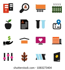 solid vector ixon set - apple fruit vector, investment, personal information, cereals, heart monitor, navigator, truck trailer, dry cargo, settings, vial, bandage, server, apartments, client search