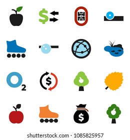 solid vector ixon set - apple fruit vector, leaf, exchange, money bag, roller Skates, oxygen, stadium, internet, eye doctor hat, pond, tree