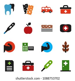 solid vector ixon set - apple fruit vector, muscule hand, cereals, breads, first aid kit, doctor bag, thermometer, anamnesis, hospital building, amkbulance car, tooth, medical room