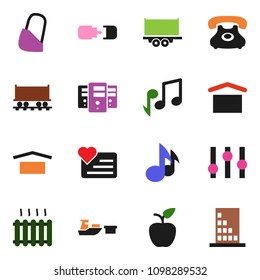 solid vector ixon set - apple fruit vector, music, heart monitor, Railway carriage, phone, truck trailer, port, dry cargo, settings, bandage, server, connection, heating, building