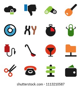 solid vector ixon set - apron vector, ladle, pie graph, stopwatch, signpost, glass, finger down, scissors, pills, chromosomes, drop counter, network folder, cloud lock, key, phone, wallet