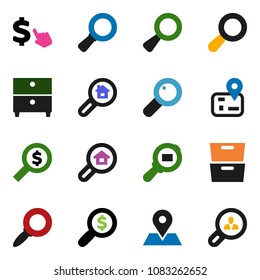 solid vector ixon set - archive vector, magnifier, money search, dollar cursor, navigator, map pin, cargo, estate, client